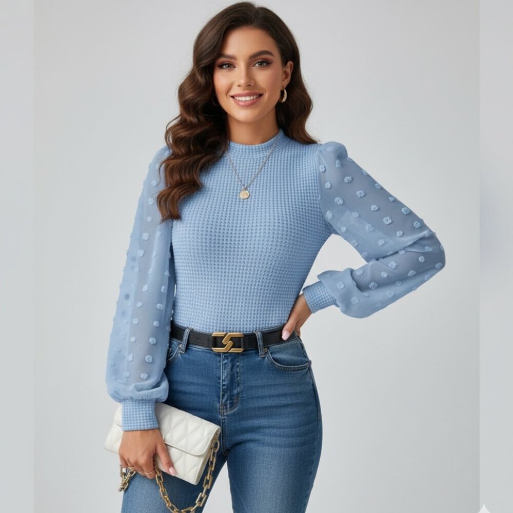 Swiss Dot Lantern Sleeve Mock Neck Top Light Blue